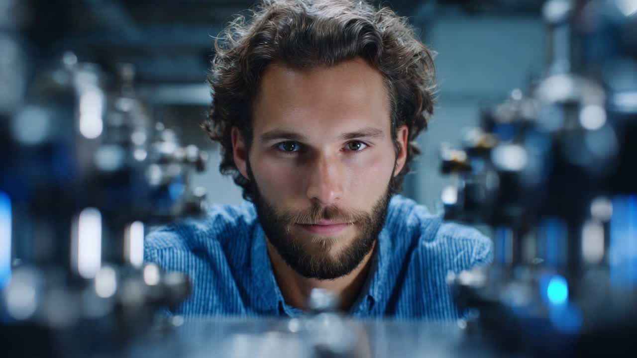 Focused young man with a beard staring intently into the camera, surrounded by intricate machinery displaying blue lights, creating an atmosphere of innovation and concentration in a laboratory or workshop setting