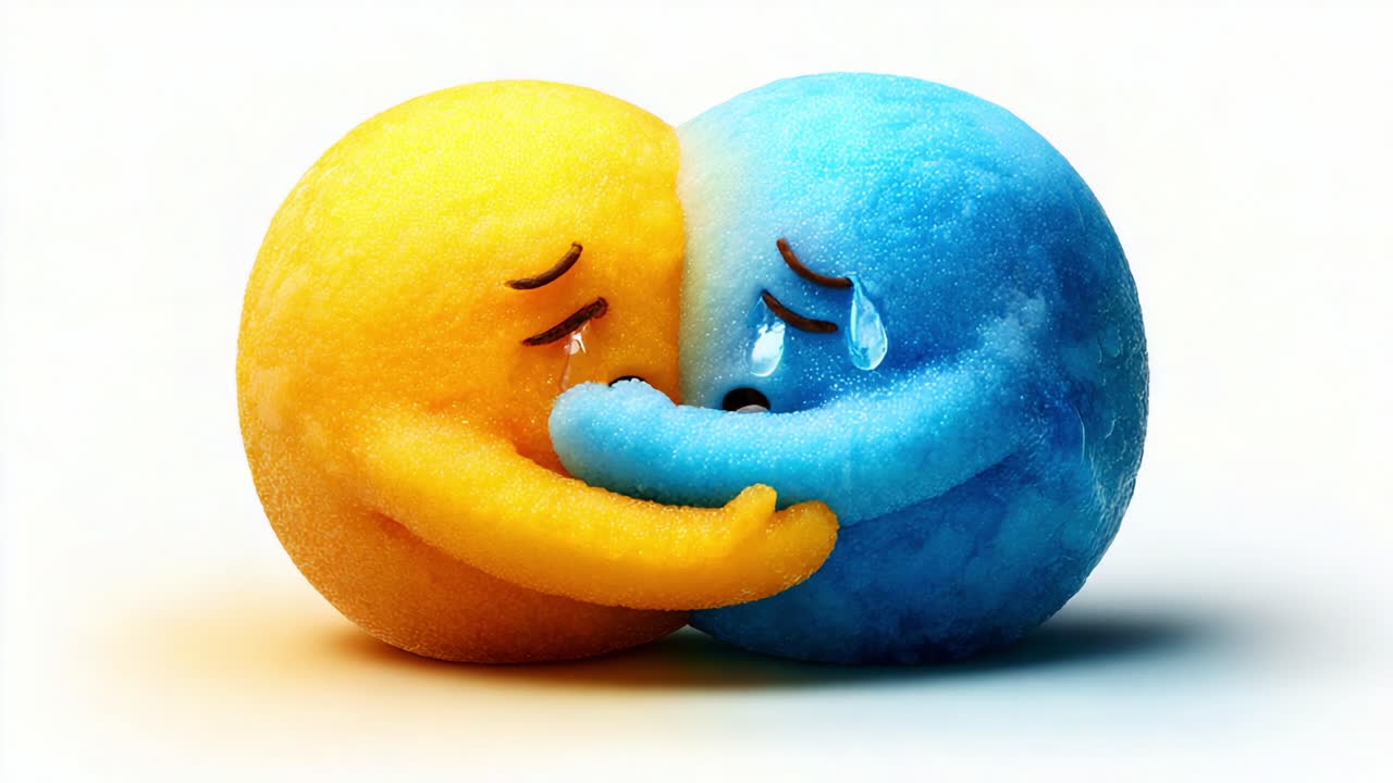 A touching moment between two emotive characters, one representing happiness in yellow and the other sadness in blue, capturing the essence of emotions in a heartfelt embrace
