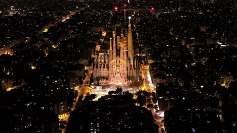 aerial view of barcelona eixample residential district and famous basilica sagrada familia at night. catalonia, spain