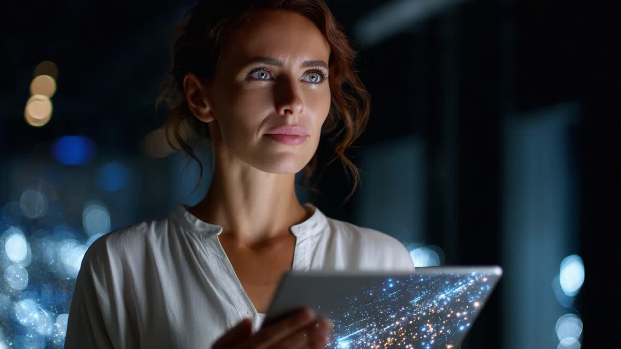 Una donna riflessiva osserva un tablet digitale che mostra una galassia di stelle vivace, circondata da un'illuminazione soffusa, enfatizzando l'intersezione tra tecnologia e meraviglia
