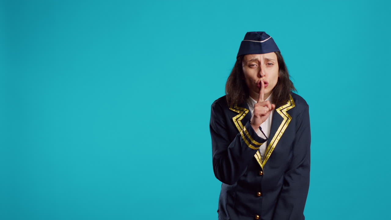 Professional airliner doing hush silent symbol on camera