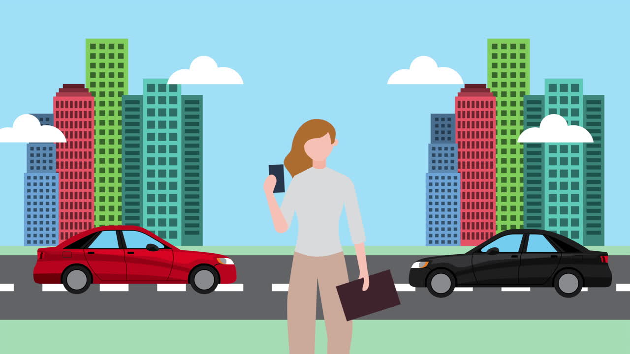 운송 애플리케이션을 가진 스마트폰을 사용하는 여성