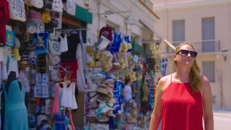 slow motion of female tourist walking by storefronts on a street in the summer