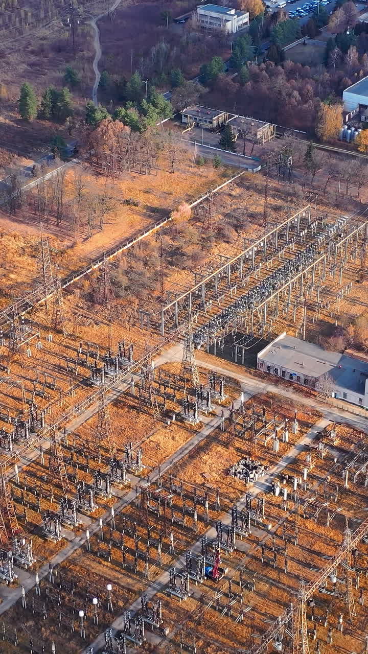 High voltage power mini electricity station. Drone view of electricity supplies.