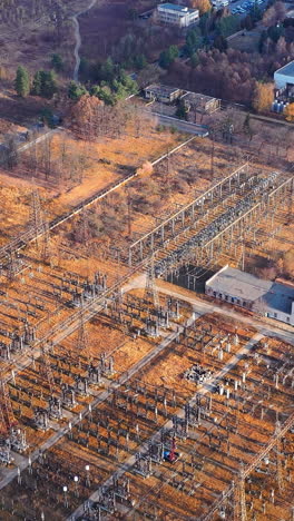 high voltage power mini electricity station. drone view of electricity supplies.