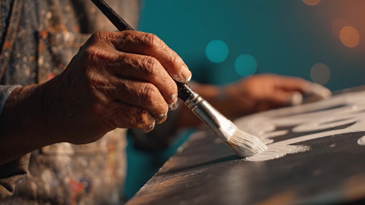 Artisan Handcrafting a Masterpiece: Close-Up of a Painter's Hand Skillfully Applying White Paint on a Canvas with a Brush Against a Colorful Background