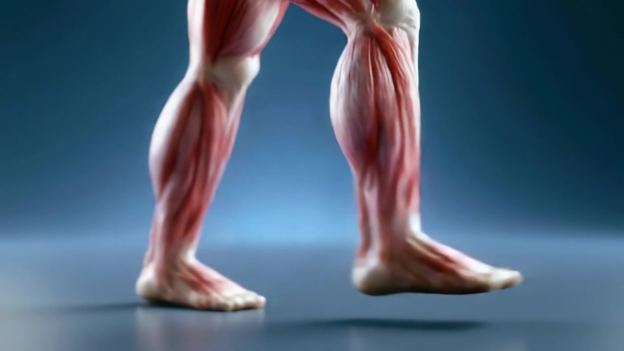 Focus anatomico sulla muscolatura delle gambe: Rappresentazione dettagliata della struttura muscolare nelle gambe umane che mostra la complessità e la forza dell'anatomia degli arti inferiori.