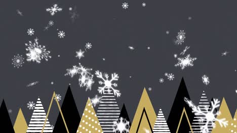 Animation-Von-Weihnachtsbäumen-Und-Schnee,-Der-Auf-Grauen-Hintergrund-Fällt
