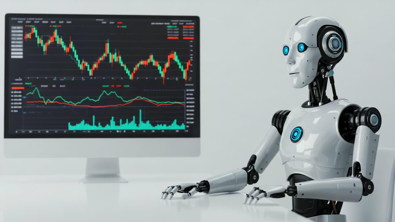 An Innovative Robotic Assistant Analyzing Market Trends on a Computer Screen Displaying Dynamic Data Charts and Graphs in a Modern Workspace Environment
