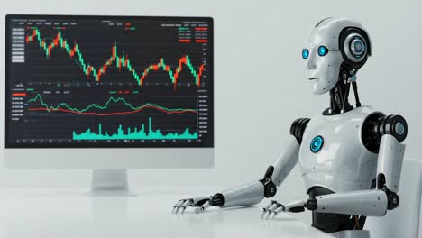 an innovative robotic assistant analyzing market trends on a computer screen displaying dynamic data charts and graphs in a modern workspace environment