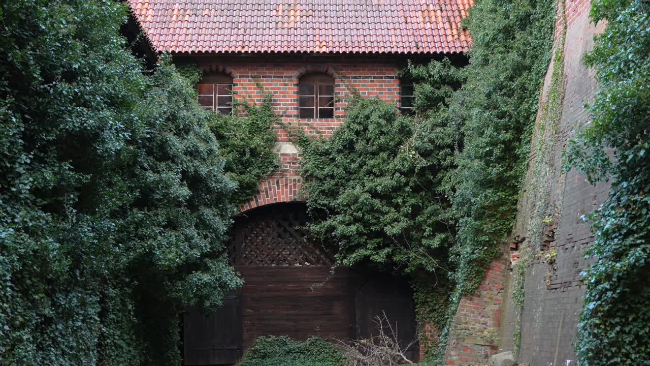 Brick castle building with gothic architecture and overgrowing walls, Malbork Poland