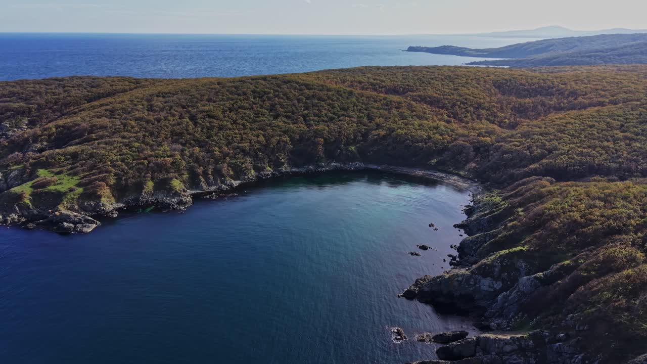 Aerial view of a serene coastal landscape with lush foliage