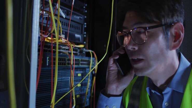 Asiatisk mandlig IT-tekniker, der bruger smartphone og kontrollerer en computerserver.