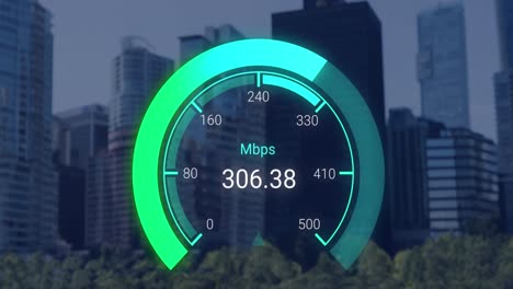 animation of green speedometer over cityscape