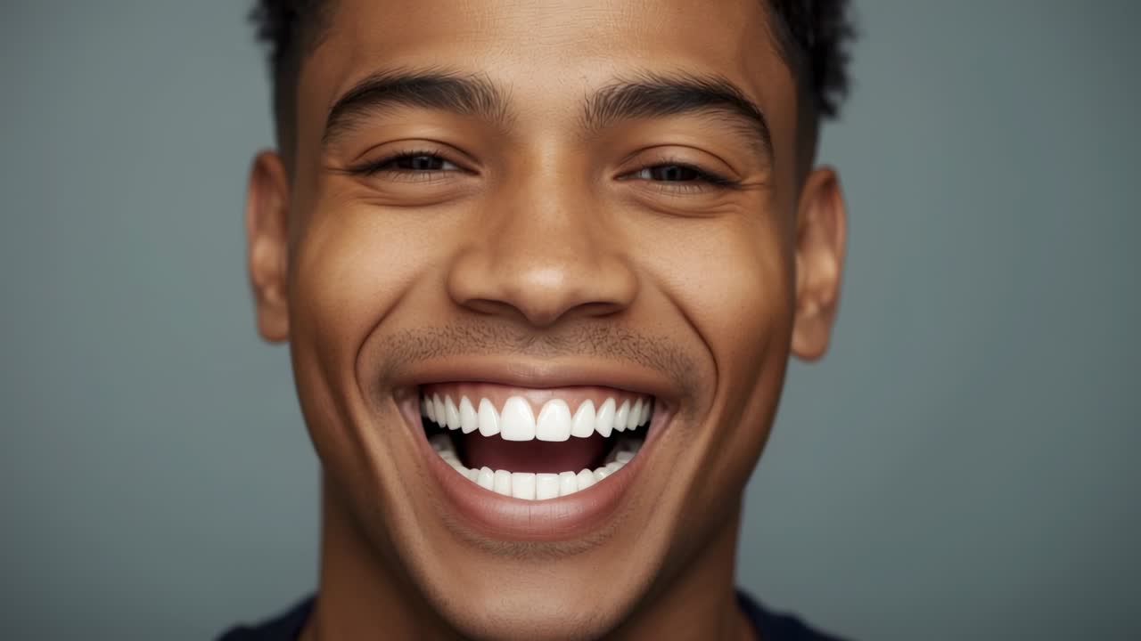 Smiling man with curly hair showing smile widening and laughter growing in studio, with gray wall