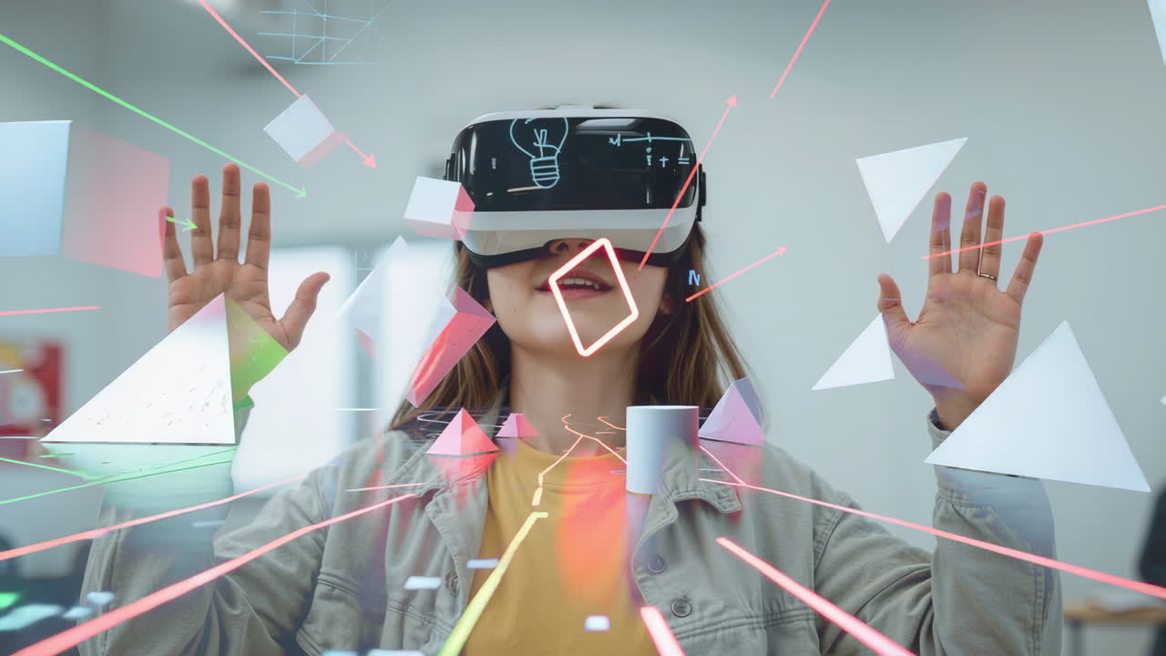 Woman Immersed in Virtual Reality with Holographic Projections