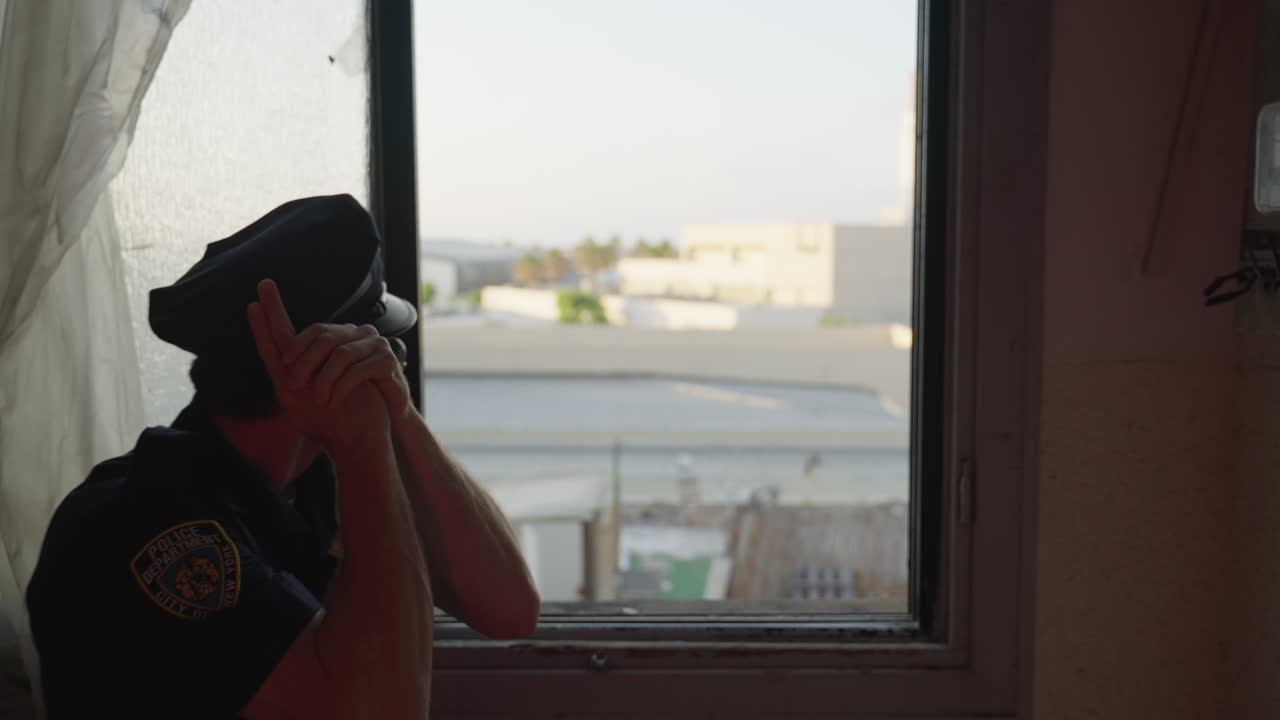 un oficial de policía juguetón en uniforme finge sostener un arma con las manos, escabulléndose cómicamente a lo largo del interior del edificio junto a una gran ventana. imita el escaneo de sospechosos en un tono humorístico y alegre