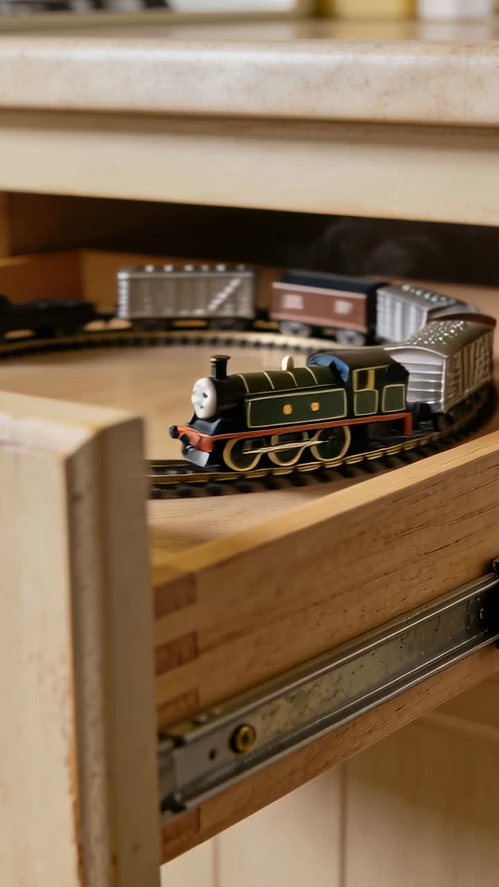 Vertical video: Pulling drawer showing green engine circling track under counter with cars
