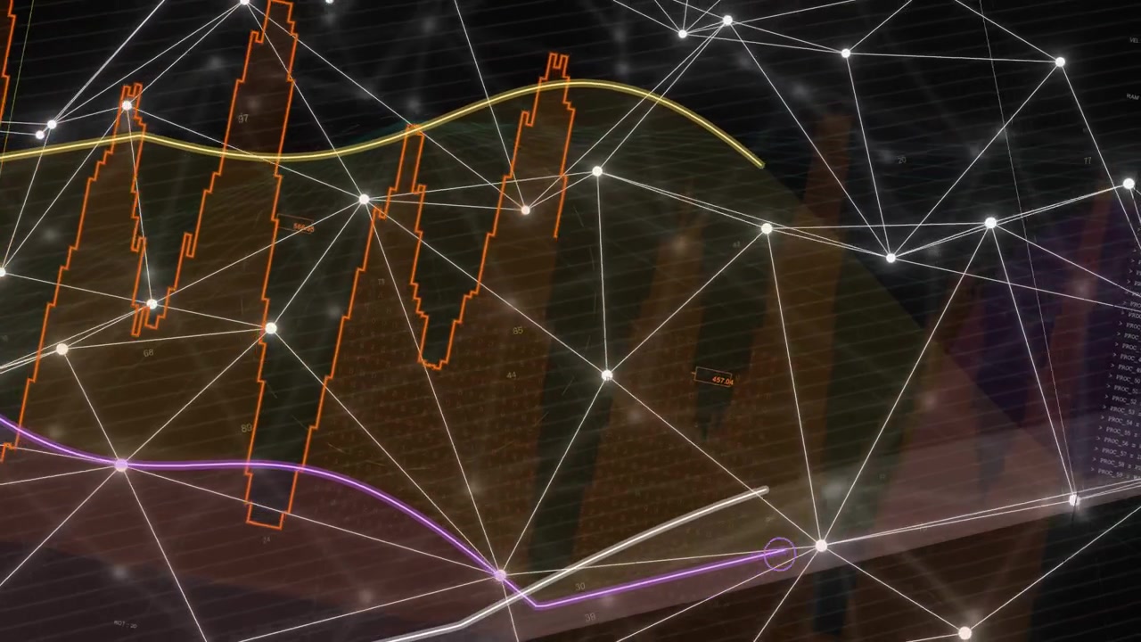 White node mesh lighting up from left to right glow, reconfiguring, drawing curves visualizing data
