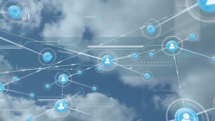 Web of connection icons against blue sky