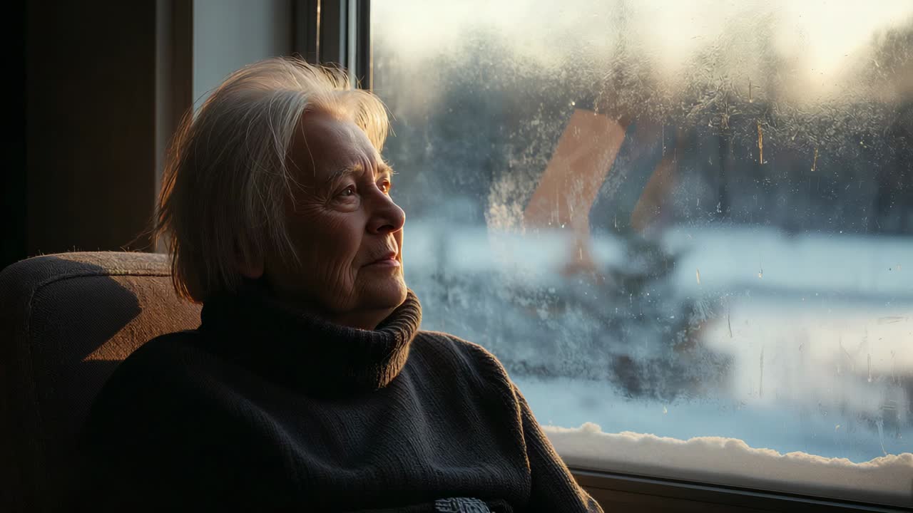 Warm sun falling, senior woman in dark sweater turning head, gazing at frosted glass, copy space