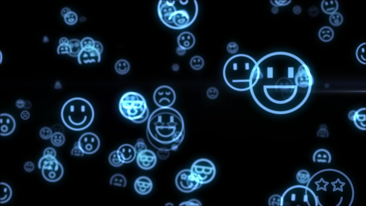 Icone emoji blu neon fluttuanti su sfondo scuro