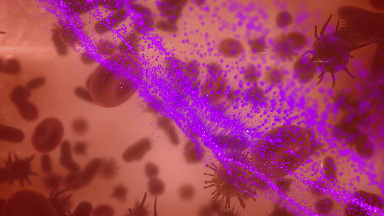 Animation of purple wave over moving cells on red background