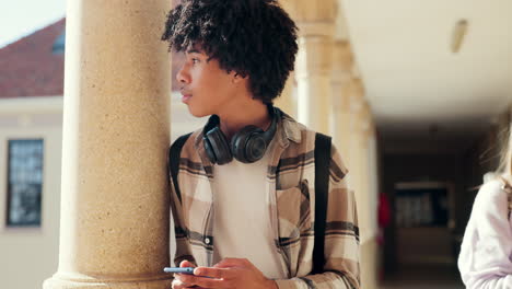 phone, education and thinking with man in college