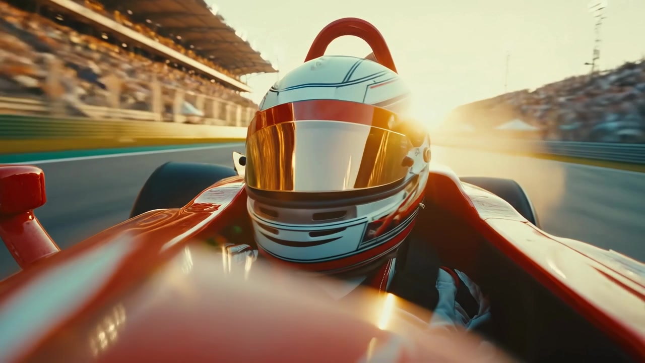POV di un pilota di auto da corsa che sfreccia su una pista al tramonto