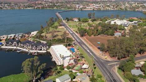 over the resort and motels and approaching the bridge between yarrawonga and mulwala with yarrawonga township beyond