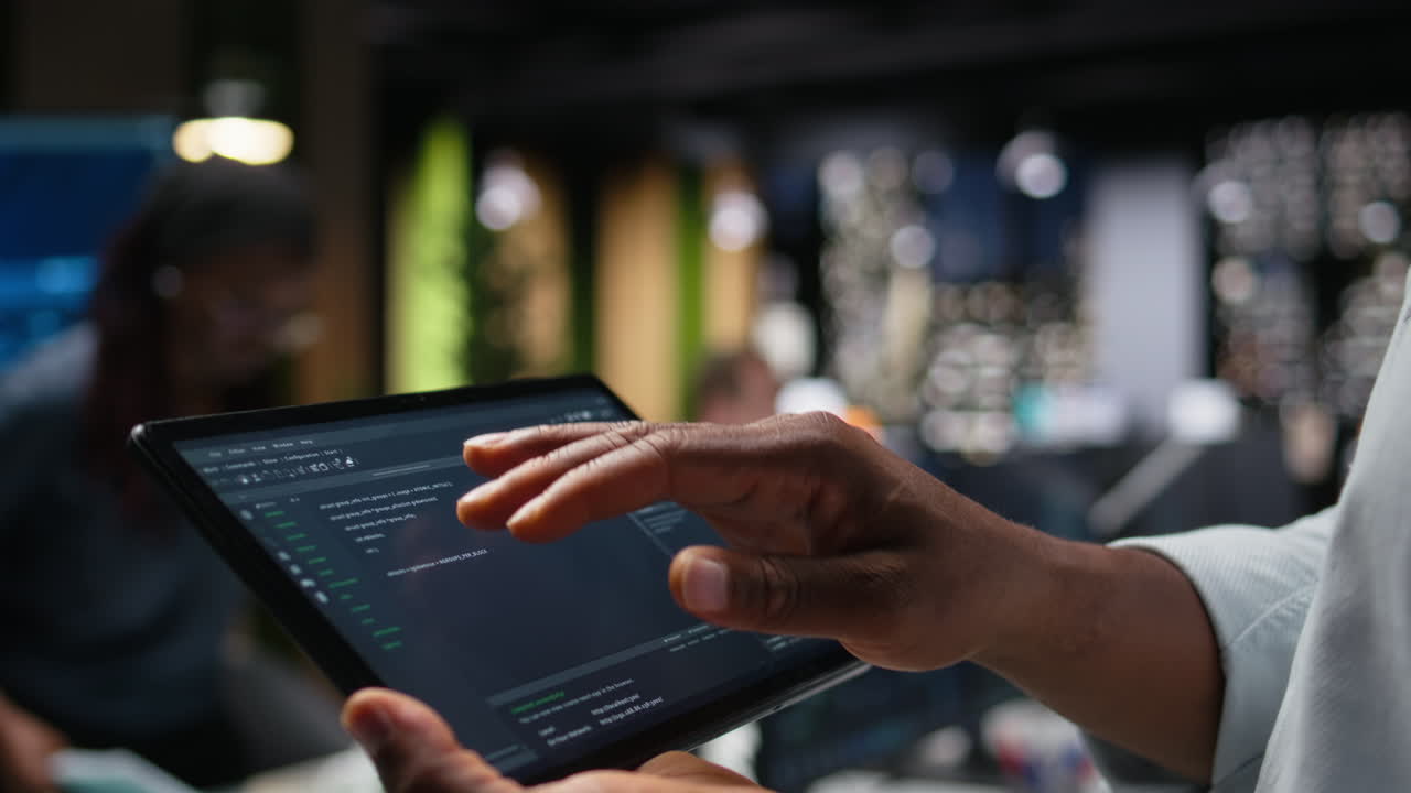 Close-up of Developer Hands Scrolling Code on Digital Tablet