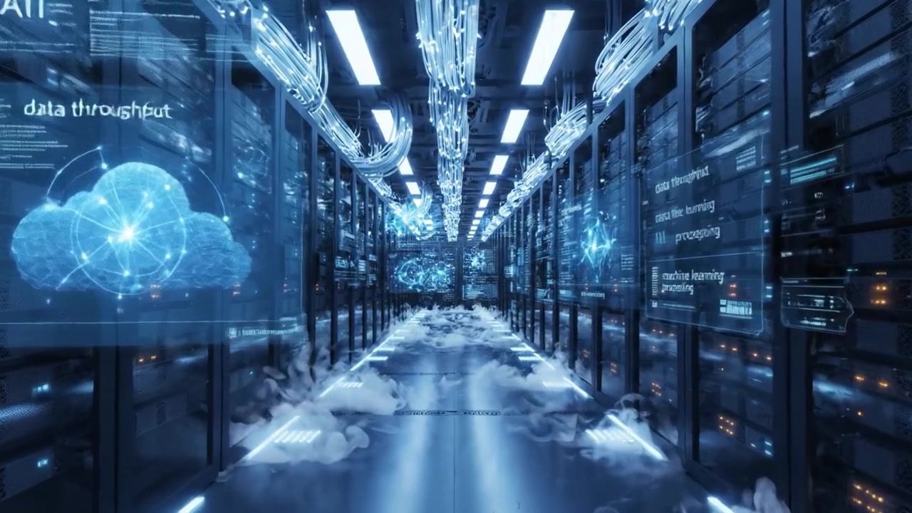 Futuristic Data Center with Advanced Technology: Exploring the Depths of High-Tech Server Racks and Ambient Fog Effects, Showcasing a Digital Networking Environment
