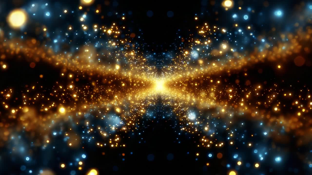 A stunning cosmic visual of shimmering golden and blue particles radiating from a central point, creating a mesmerizing effect that captures the essence of the universe's ephemeral beauty