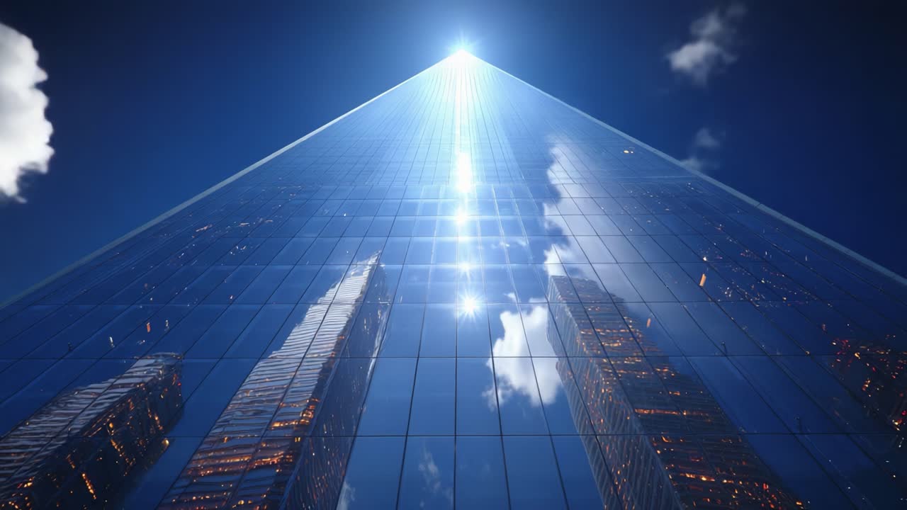 Una Prospettiva Mozzafiato di una Torre di Vetro che si Innalza Verso il Cielo, Riflettendo Nuvole e Luce, Catturando la Bellezza dell'Architettura Moderna nel Paesaggio Urbano.
