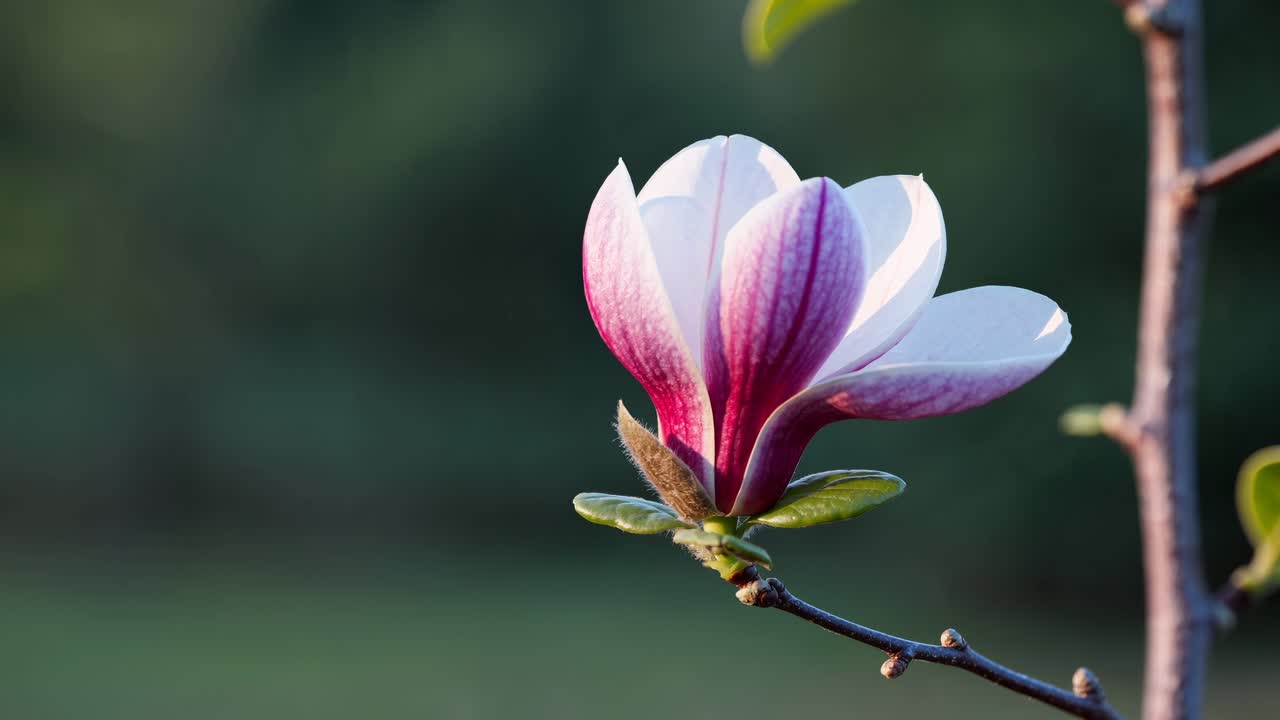 Close-up video of a budding flower on a branch, captured at eye level