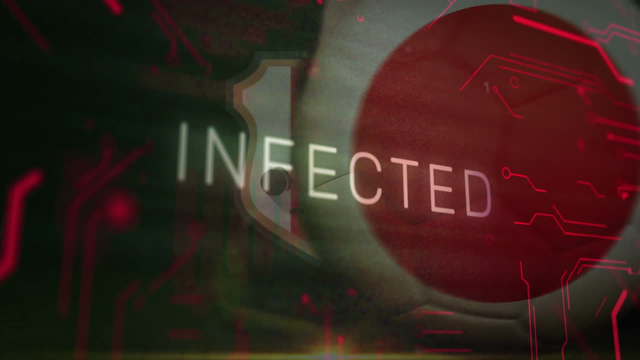 Animation of soccer ball with Infected text overlay on dark background