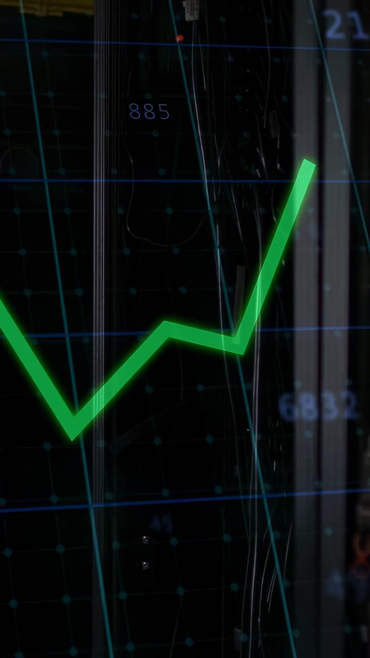 Video verticale: Aggiornamento in arrivo, linea verde che sale attraverso una griglia, aggiungendo tracce, visualizzando un rack.