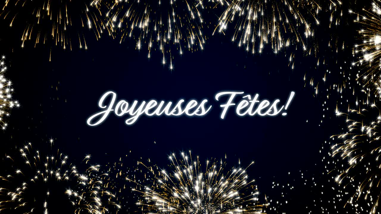 Cartolina social di auguri stagionali in loop con fuochi d'artificio animati. Concetto di celebrazione delle festività in loop. Più lingue: inglese, tedesco, francese, spagnolo, italiano, portoghese. Animazione in loop per evento festivo