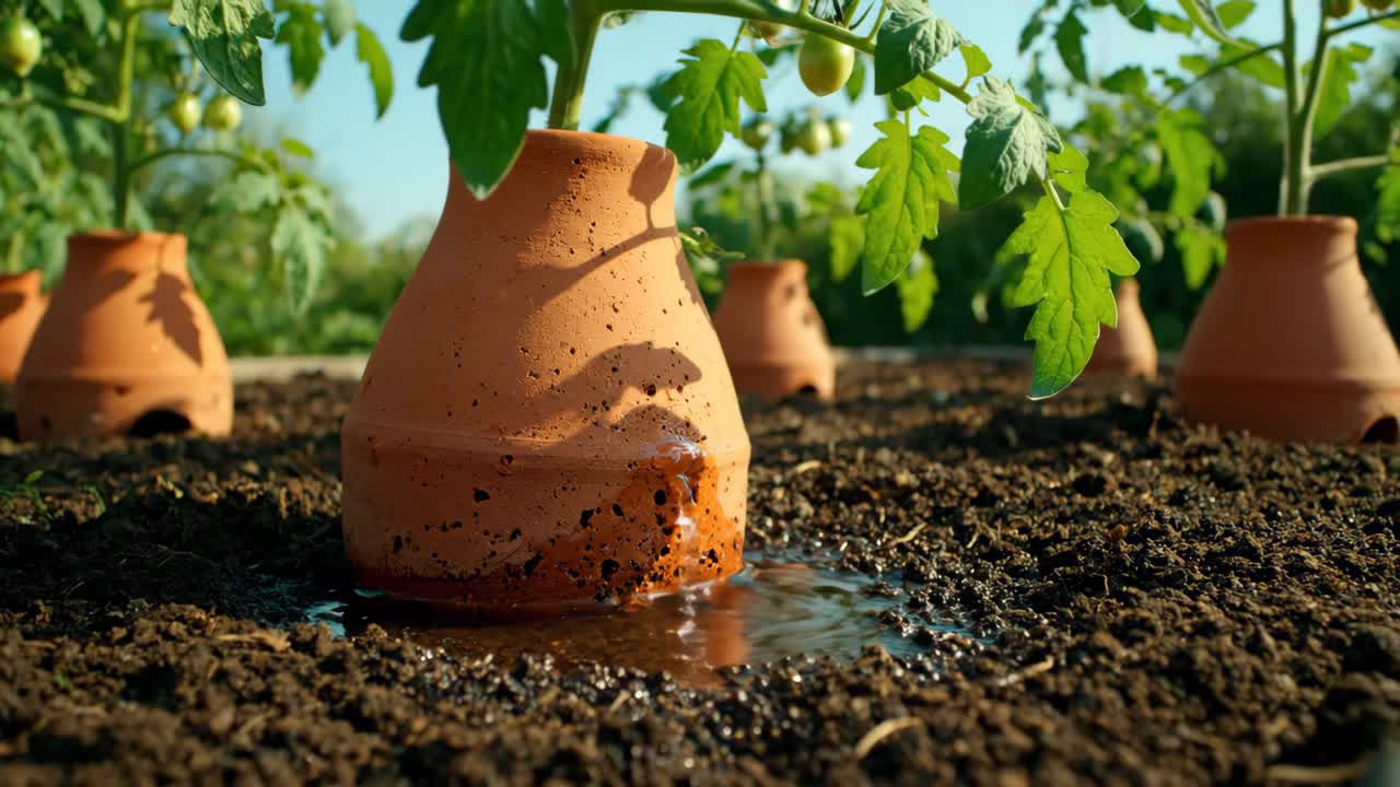 Terracotta pot irrigation for tomato plants
