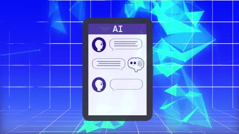 animation of ai chat and data processing over tablet screen and grid