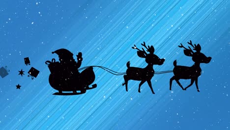 Animation-of-santa-claus-in-sleigh-with-reindeer-and-snow-falling-on-blue-background