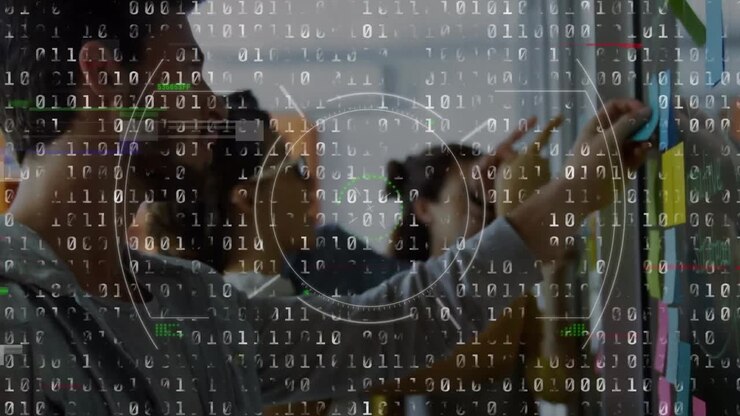 Animation of circles, glitch technique, binary codes over caucasian man writing on adhesive notes