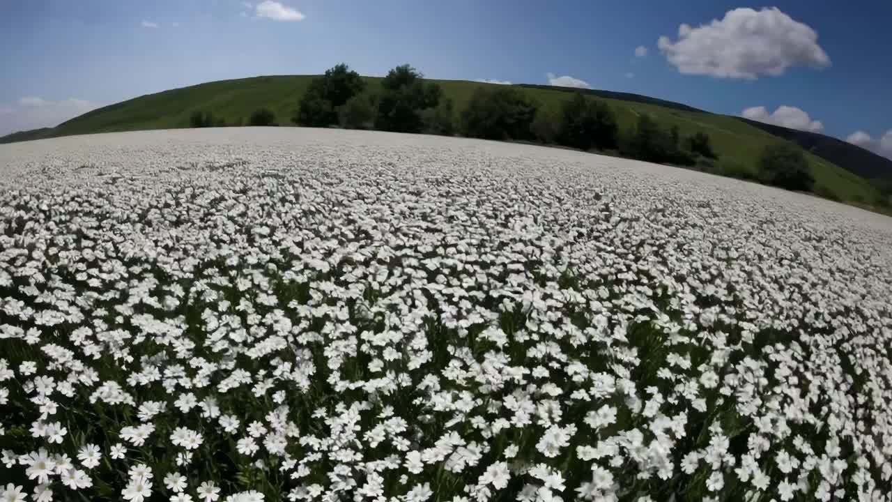 Veduta grandangolare di fiori bianchi che sbocciano in un campo soleggiato