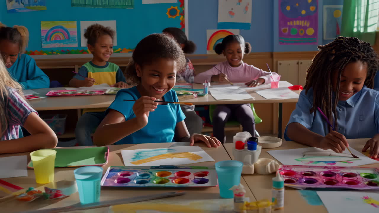 Children happily painting in a vibrant classroom