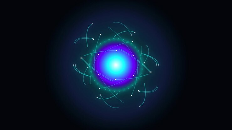 Abstract Digital Atom Model Rotating on Dark Background