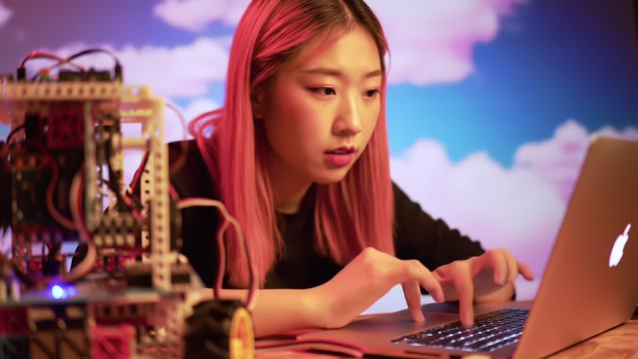 A young woman with pink hair is focused on her coding task, using a laptop near a robotics setup. The vibrant background adds a creative atmosphere to her work.