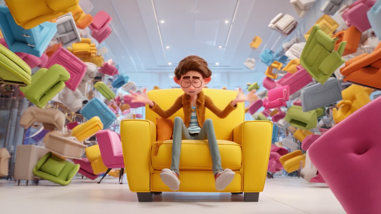 A whimsical animated scene featuring a young man sitting on a bright yellow couch, experiencing a whirlwind of colorful luggage around him, from panic to tranquility in a playful visual transition