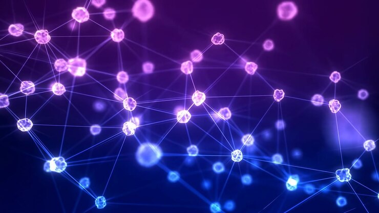 Malla abstracta futurista de nodos conectados brillantes se extiende a través de un espacio azul y morado oscuro, con partículas flotantes, bokeh suave y profundidad.