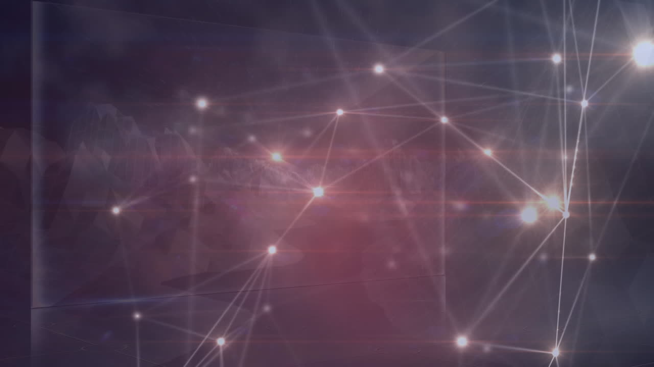 animación de redes de conexiones con puntos brillantes sobre montañas giratorias