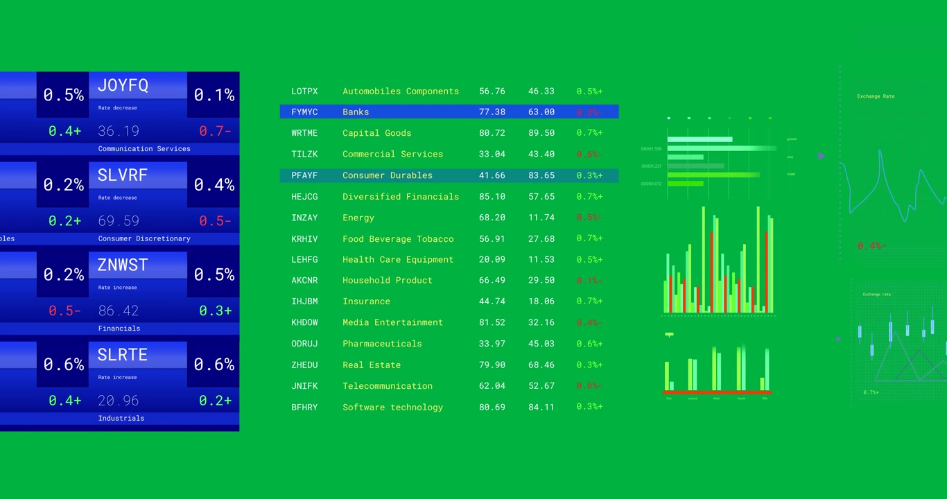 Animation of stock exchange financial data processing on transparent background